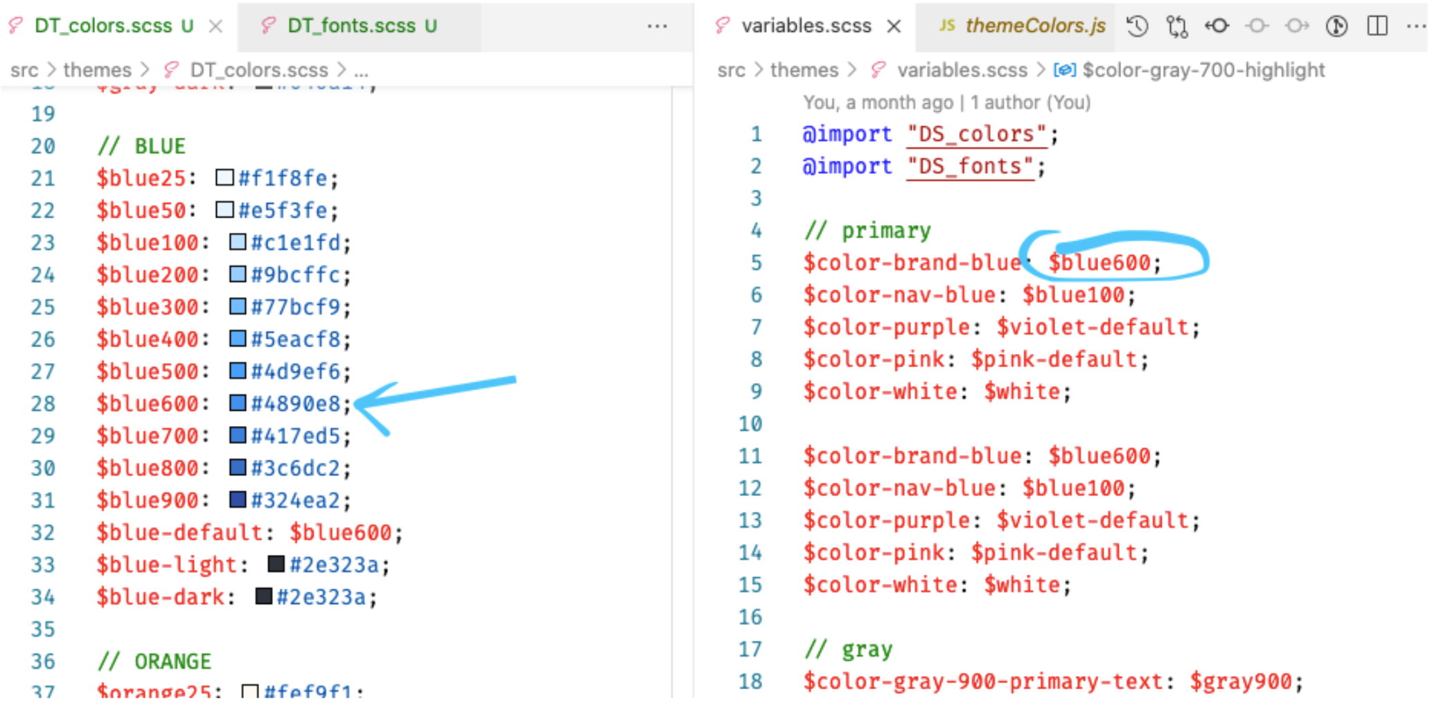 This shows the tokens implemented as Sass variables.